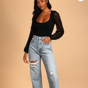 Free People Lost in Love Black Balloon Sleeve Crop Top